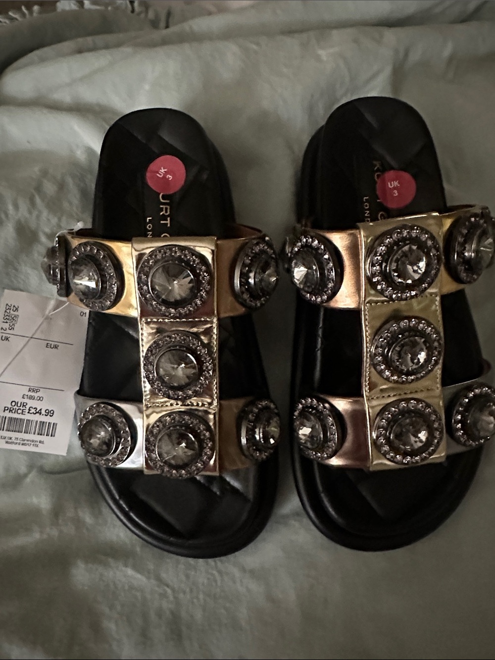 Kurt Geiger Black Slides with Gold Jeweled Straps